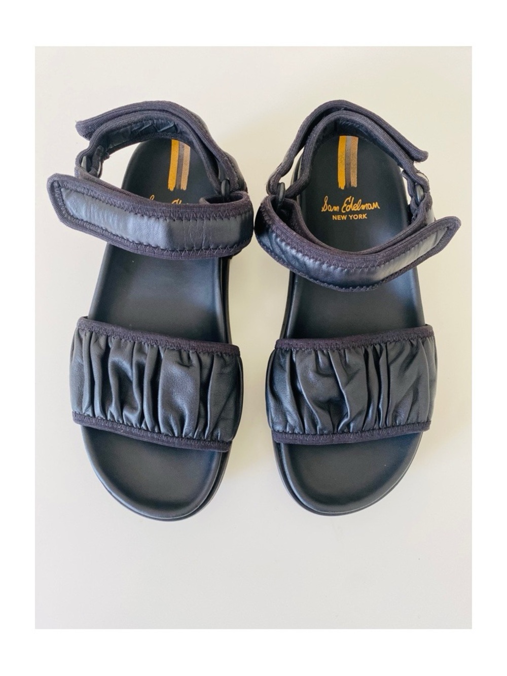 Sam Edelman Edythe Sz 8 Black Ruched Strap Sandals with Adjustable Velcro